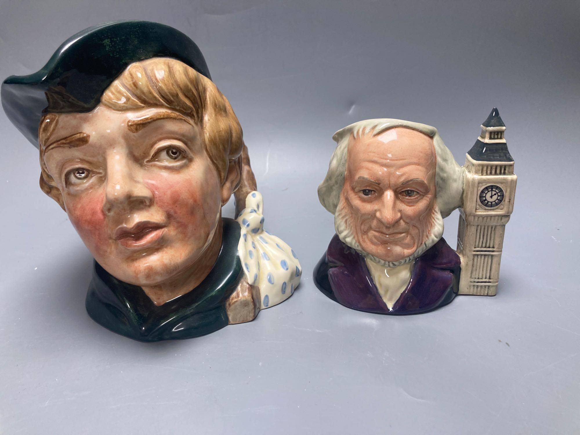 Royal Doulton John Barleycorn large and small character jugs, two Royal Doulton Pickwick and Old Mac tiny character jugs, Royal Doulton